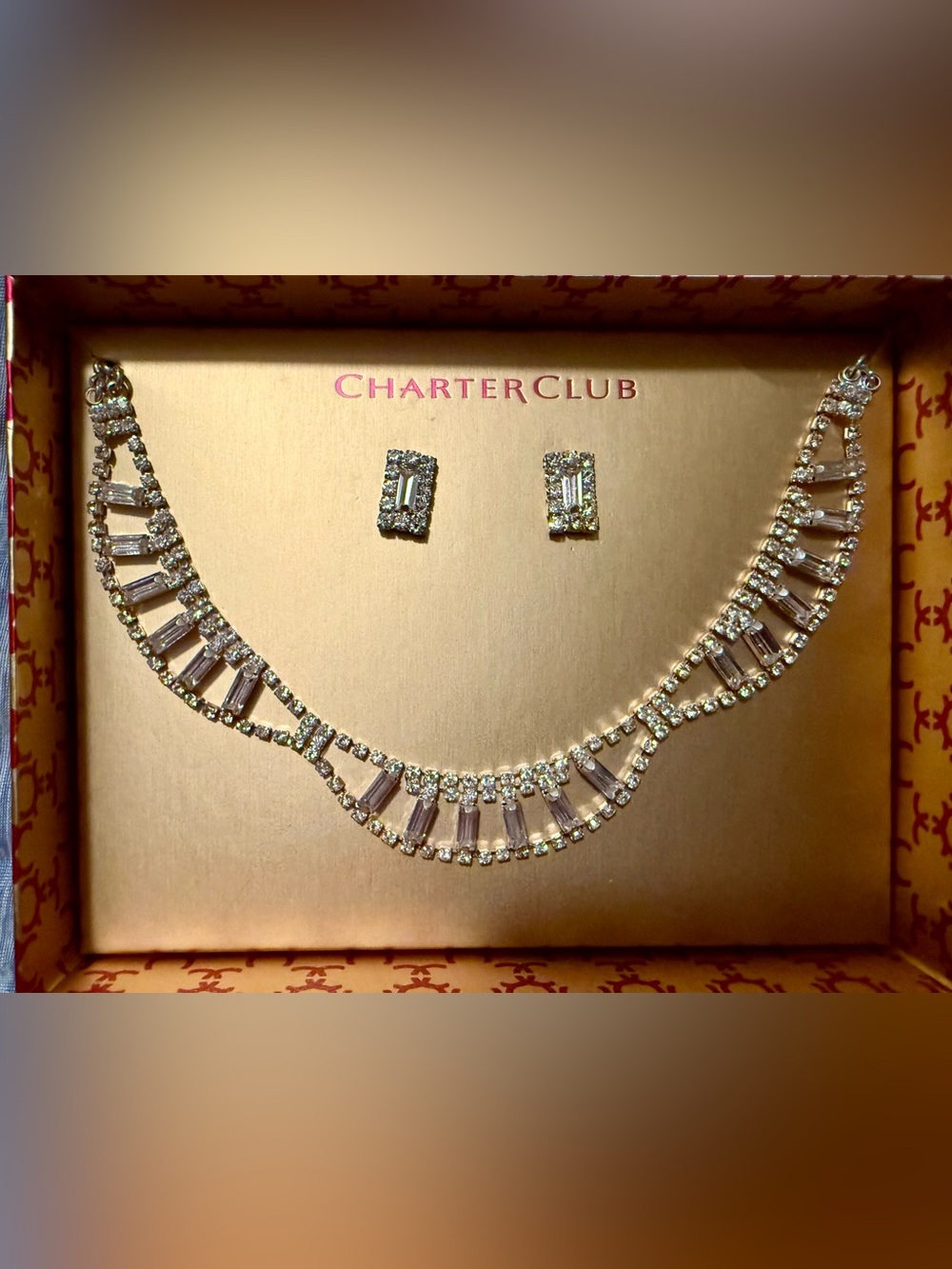 Charter Club Gold-Tone Crystal Necklace with Matching Stud Earrings